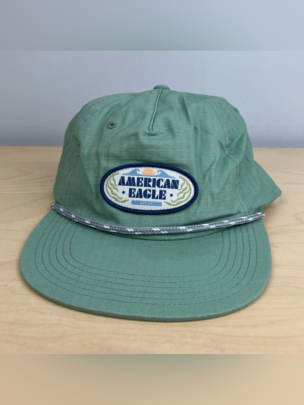 American Eagle Snapback Rope Hat Sage Green Est. 1977 Patch Logo Cap